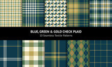 Check Plaid Pattern Set For Autumn Winter In Blue, Green, Gold, Off White. Seamless Dark Tartan Plaid Vector For Flannel Shirt, Skirt, Blanket, Duvet Cover, Other Modern Fashion Fabric Design.