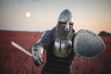 A knight with a sword battles on the battlefield on a dark sky background.