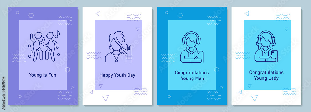Annual youth day celebrating postcards with linear glyph icon set. Greeting card with decorative vector design. Simple style poster with creative lineart illustration. Flyer with holiday wish - obrazy, fototapety, plakaty 