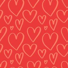 Wall Mural - simple romantic seamless pattern with hand drawn heart sketch doodles on red background. cute backdr