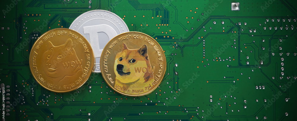 Golden dogecoin coins. Cryptocurrency dogecoin. Doge cryptocurrency. - obrazy, fototapety, plakaty 
