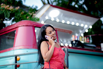 young woman on vacation with smart phone in lyon france