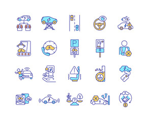 Sticker - EV features RGB color icons set. Isolated vector illustrations. Eco car technologies. Electric vechicle demonstration. Artificial intelligence. Simple filled line drawings collection