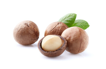 Wall Mural - Macadamia with leaf in closeup on white background