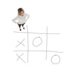 © New Africa - Young woman and illustration of tic-tac-toe game on white background, above view. Business strategy concept