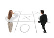 © New Africa - People and illustration of tic-tac-toe game on white background, back view. Business strategy concept