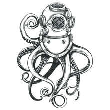 Octopus In A Diver Helmet, Old Underwater Diving Helmet Hand Drawn Vector Illustration Sketch