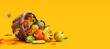 Leinwandbild Motiv Pumpkins and autumn vegetables falling from wooden rattan basket on orange background 3D Rendering, 3D Illustration