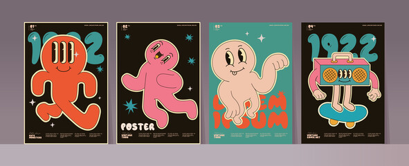 Pop art, comic, typography, vintage design. Set of vector illustrations in retro style. Funny vintage cartoon characters. Simple background images for poster, cover, banner, desktop wallpaper.