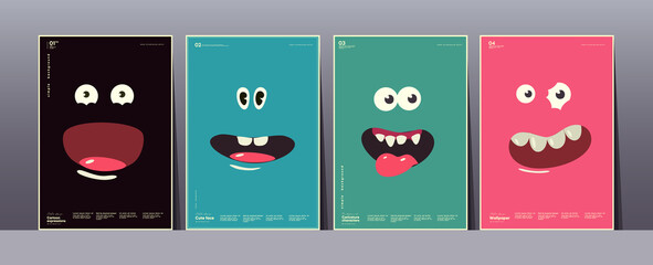 Wall Mural - Emotions, cartoon faces, funny monsters.  Set of vector illustrations. Simple background pictures, perfect for posters, banners, t-shirt print, desktop wallpaper.