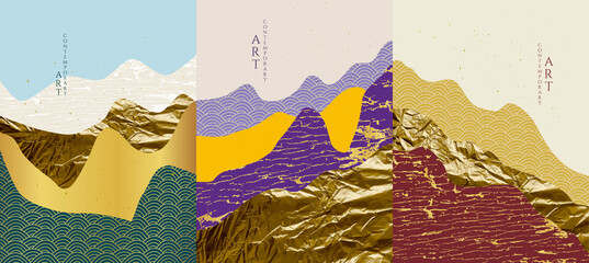 Vector illustration landscape. Grunge style. Gold foil texture. Japanese wave pattern. Mountain background. Asian style. Design for poster, book cover, web template, brochure, business or gift card