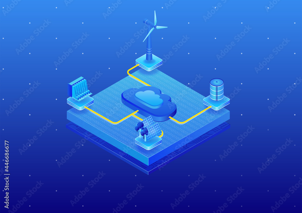 Cloud computing and sustainable energy concept. 3d isometric vector ...