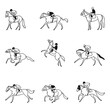 Horse racing set in line art drawing style. Black linear sketch isolated on white background. Vector illustration