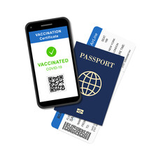 Safe travel concept with vaccination digital certificate in phone screen, international passport and airline ticket on white background. Vector of covid-19 and tourism, vacation or business.
