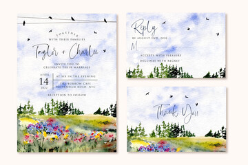 Wall Mural - wedding invitation with beautiful landscape watercolor