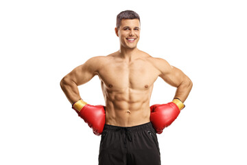 Poster - Shirtless male boxer with gloves smiling at camera