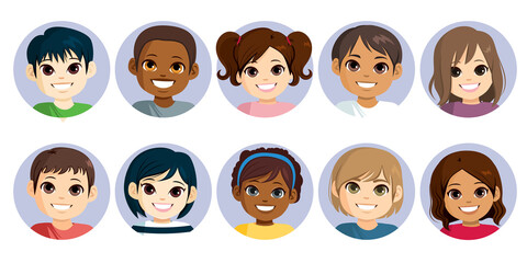 Collection of happy diverse little children smiling face avatar