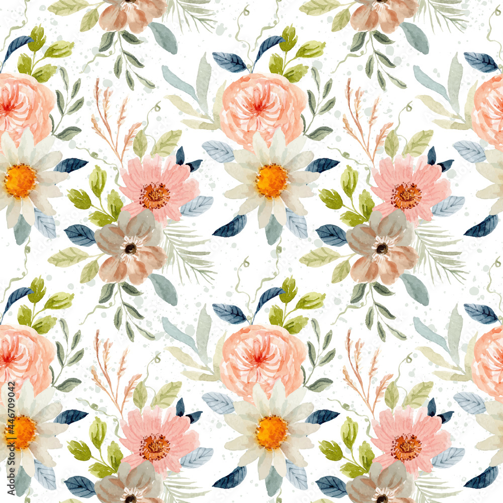 delicate floral watercolor seamless pattern - obrazy, fototapety, plakaty 