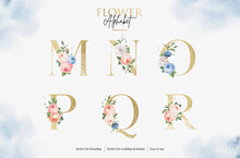 Set Watercolor Floral Alphabet With Golden Letter
