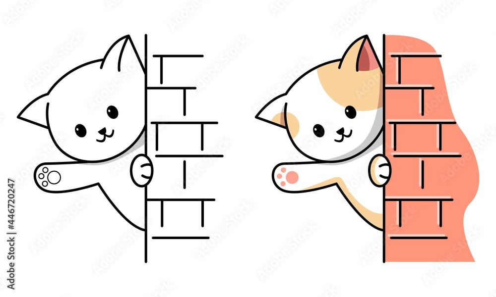 Cute cat hide behind wall coloring page for kids