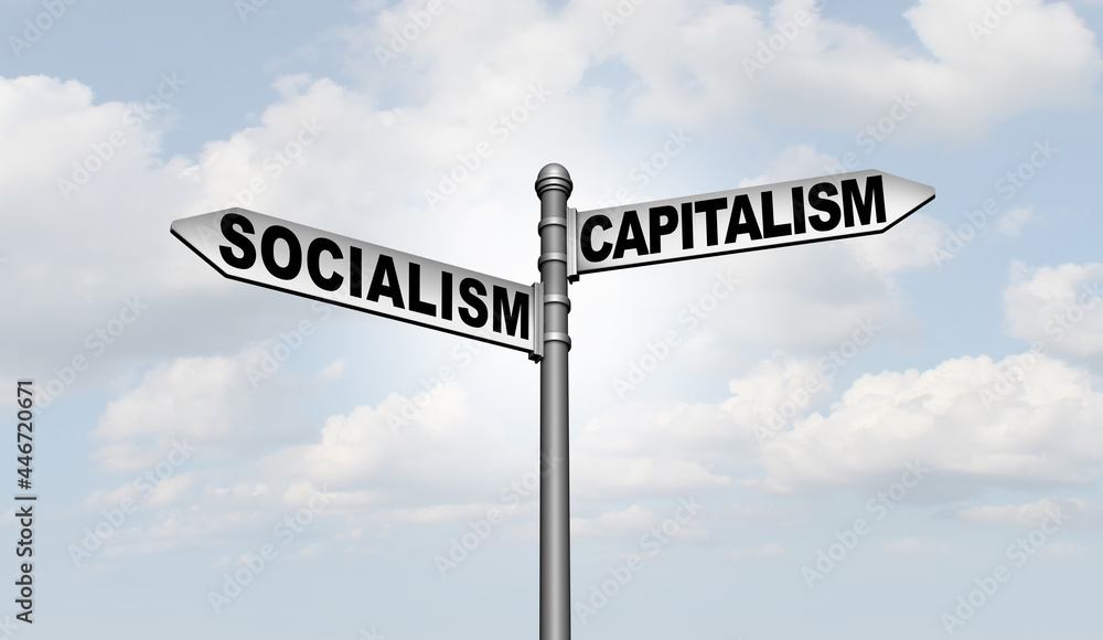 Socialism And Capitalism as two different economic and political systems as a choice for social ideology path and society direction  - obrazy, fototapety, plakaty 