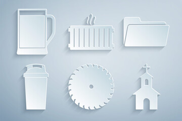 Set Circular saw blade, Folder, Fitness shaker, Church building, Heating radiator and Glass of beer icon. Vector