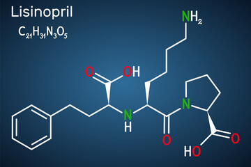 Sticker - Lisinopril molecule. It is dipeptide, ACE inhibitor used to treat hypertension, heart failure, heart attacks. Structural chemical formula on the dark blue background