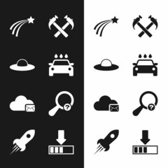 Sticker - Set Car wash, UFO flying spaceship, Falling star, Two crossed hammers, Cloud mail server and Unknown search icon. Vector