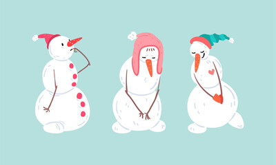 Sticker - Cute Christmas Snowman Set, Funny Xmas Characters in Caps in Different Action Poses, Happy Winter Holidays Concept Cartoon Vector Illustration