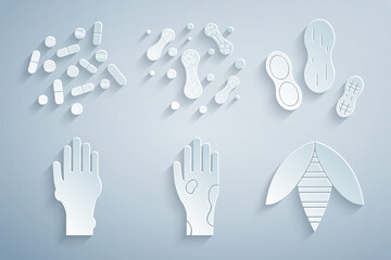 Wall Mural - Set Hand with psoriasis or eczema, Peanut, Bee, Bacteria and Medicine pill tablet icon. Vector