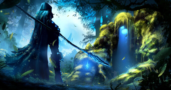 A hooded sorceress girl stands in front of a magical, moss-covered golem, under whose head is the entrance to the dungeon, standing in the middle of a windy, misty ancient forest. 2d illustration