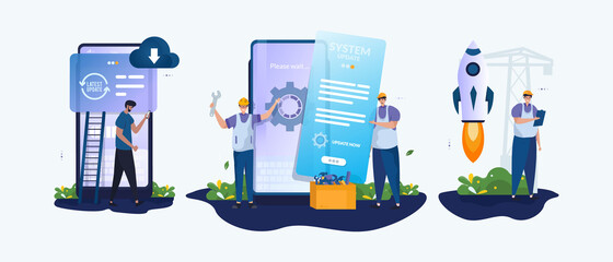 Illustration set of mobile software update maintenance concept