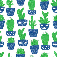 Seamless Pattern With Green Cacti In Blue Pots With Clouds.