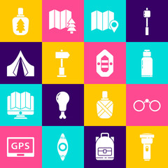 Sticker - Set Flashlight, Binoculars, Canteen water bottle, Location of the forest on map, Road traffic signpost, Tourist tent, and Rafting boat icon. Vector