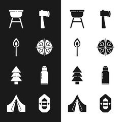 Wall Mural - Set Wind rose, Burning match with fire, Barbecue grill, Wooden axe, Tree, Canteen water bottle, Rafting boat and Tourist tent icon. Vector