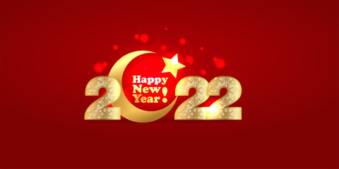 Wall Mural - happy new year 2022 gold numeral on red background with golden moon and star-muslim symbol. calendar cover design. Vector illustration