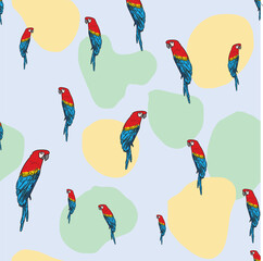 Poster - Vector blue background tropical birds, parrots, macaw, exotic cockatoo birds. Seamless pattern background