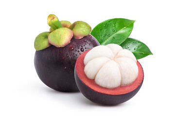 Wall Mural - Mangosteen with cut in half and green leave isolated on white background. Clipping path.