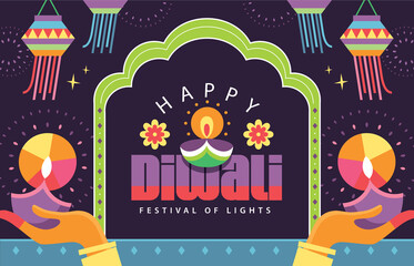 Wall Mural - Happy Diwali Hindu festival modern flat design with 2 Indian women's hand holding oil lamp and typography design. 