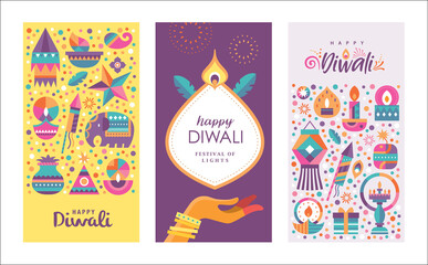 Poster - Set of happy Diwali Hindu festival posters design with colorful oil lamps, lanterns, fireworks and gift icons.