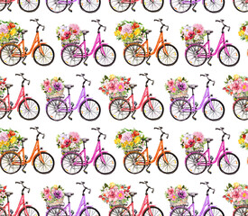 Wall Mural - Bicycles and flowers in basket. Seamless pattern. Watercolor