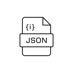JSON file format line icon. JavaScript Object Notation. JSON programming language extension. Server data interchange format. Computer science and web applications. Vector illustration, flat, clip art.