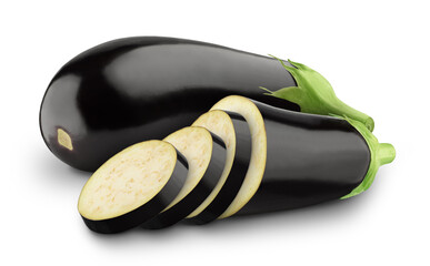 Wall Mural - Sliced and whole eggplant or aubergine isolated on a white background.