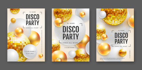 3D abstract background with colorful golden spheres and disco ball spheres.  Disco ball background. Set of disco party posters. Vector illustration