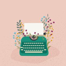 Green Retro Typewriter And Flowers Isolated On A Pink Background. Vector Illustration.