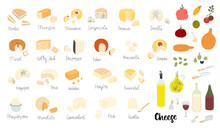 Big Set Of Cheese Illustrations. Different Kinds - Hard, Soft, Semi-soft, Blue. Heads Of Cheese And Parts. With Oil, Tomato, Wine, Olives, Inscriptions. Flat Pretty Design For Menu, Restaurant, Shop.