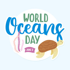 world oceans day - hand-drawn concept composition for june 8. doodle illustration with turtle and le