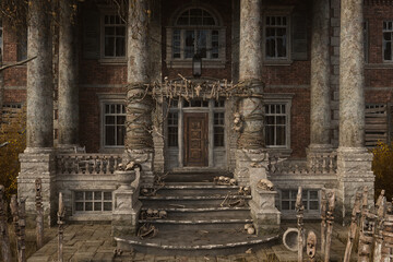 3D illustration of a creepy old mansion house entrance with human bones on the stone columns and steps.