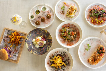 Poster - Top view of fresh breakfast and lunch table