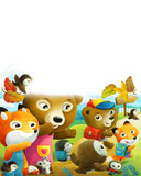 Fototapeta Pokój dzieciecy - cartoon forest animals parents sending kids to school